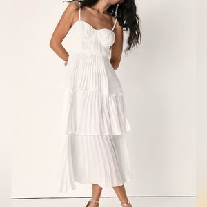 Lulus Cascading Crush White Tiered Bustier Midi Dress